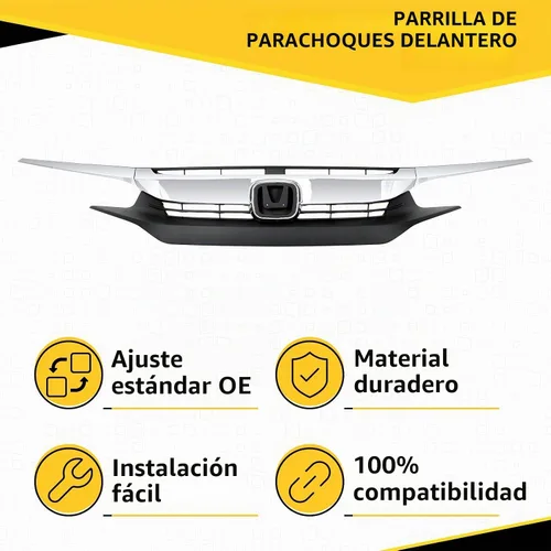 Vista 2 de PENSUN Parrilla de parachoques delantero con cromo + 2 bordes cromados para párpados para Honda Civic Sedan 2016 2017 2018