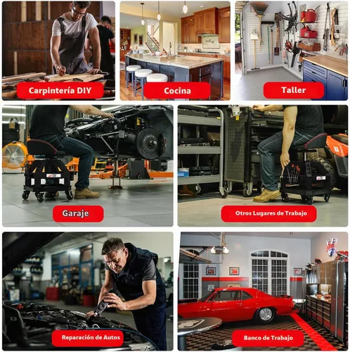 Vista 6 de Rolling Shop Taburete para garaje con ruedas, DO02 - Asiento giratorio de 360° de altura ajustable con almacenamiento de bandeja de herramientas
