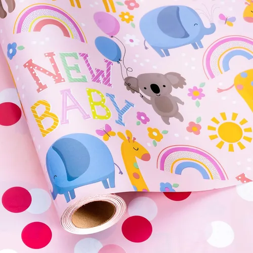 Vista 14 de Homeral Rollo de papel para envolver regalos azul para baby shower - Rollo mini - 17 pulgadas x 16.5 pies - Juego reversible de papel de regalo
