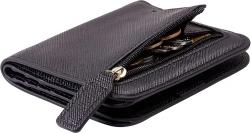 Vista 16 de Toughergun Cartera pequeña de cuero delgada para mujer con protección RFID, mini monedero bifold compacto con ventana de identificación transparente