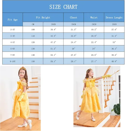 Vista 6 de GZ-LAOPAITOU Belle Dresses for Girls Cosplay Beauty and Beast Costume Halloween Birthday Christmas Party Outfit Yellow
