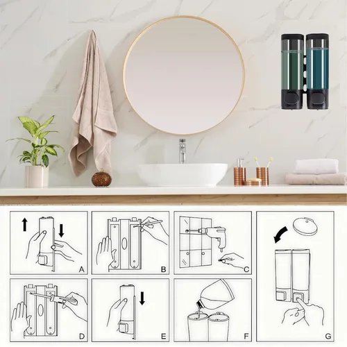 Vista 5 de Dispensador de jabón para montar en la pared de 2 cámaras, 10 onzas/10.1 fl oz, dispensador de champú y acondicionador de ducha recargable, sin