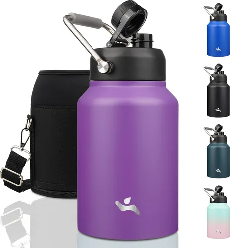 Vista 25 de Konokyo Jarra de medio galón con asa, botella de agua aislada de 64 onzas con bolsa de transporte, botella de metal de acero inoxidable al vacío