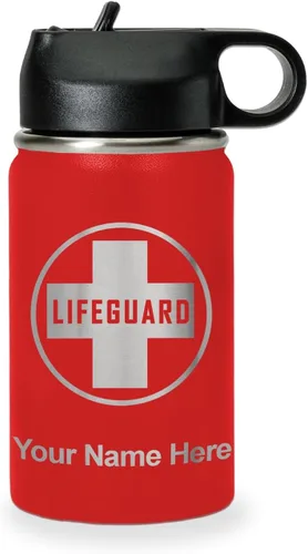 Vista 12 de LaserGram Botella de agua personalizada, salvavidas, acero inoxidable de doble pared aislada al vacío con popote superior, regalo grabado Negro