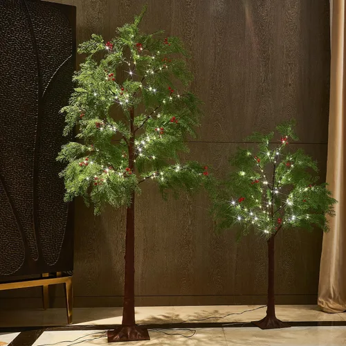 Vista 3 de Fudios Luces de árbol de cadar de Navidad, 195 luces LED de hadas de 6 pies enchufables, árbol de ciprés artificial iluminado con bayas rojas
