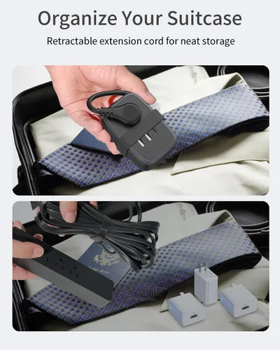 Vista 3 de NTONPOWER - Regleta de alimentación de viaje con puerto USB C, pequeña con enchufe plano, cable de extensión de viaje de múltiples enchufes, regleta