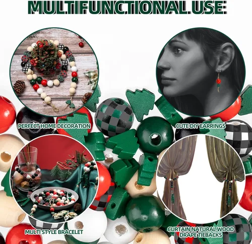 Vista 4 de Cuentas de madera de Navidad de 0.63 pulgadas, cuentas de madera rústicas de granja y cuentas en forma de árbol de Navidad de 0.47 pulgadas