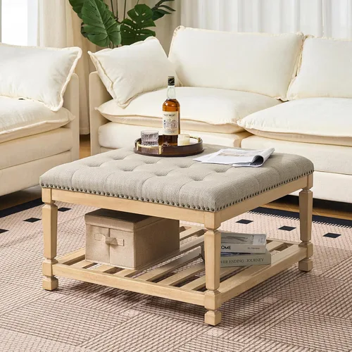 Vista 11 de Otomana con banco de almacenamiento, mesa de centro otomana de lino, gris oscuro Solid frame for added stability, 3.2-inch storage ottoman cushion