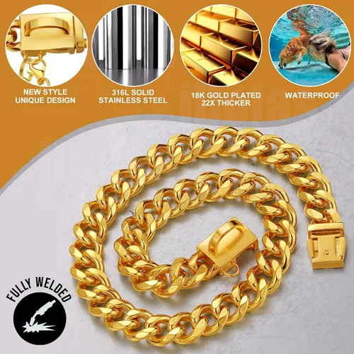Vista 4 de Collar de cadena para perro de 0.59 pulgadas/0.79 pulgadas de grosor, con hebilla de liberación rápida, collar de cadena de oro de 18 quilates
