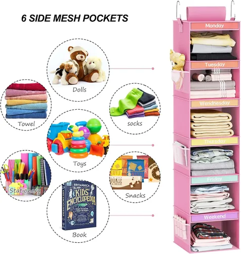 Vista 5 de Fixwal Organizador semanal de ropa de 6 estantes para niños, estante diario para niños, organizador de armario colgante con 6 bolsillos laterales
