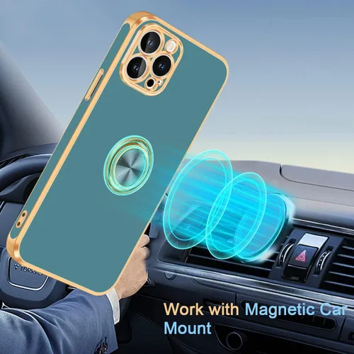 Vista 6 de Fingic Funda para iPhone 12 Pro Max [con soporte de anillo de 360°] [soporte magnético para tarjeta] [soporte de anillo giratorio] [borde dorado]