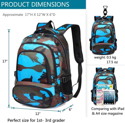 Vista 2 de BLUEFAIRY Mochilas para niños y niñas de 6 a 8 años, 8 a 12 años, mochilas Azul Camo
