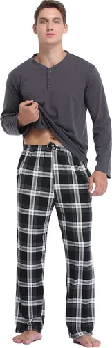 Vista 3 de Vlazom Men's Long Sleeve Pajama Sets Pjs Sets Solid Tee and Plaid Pant Set S-XXL