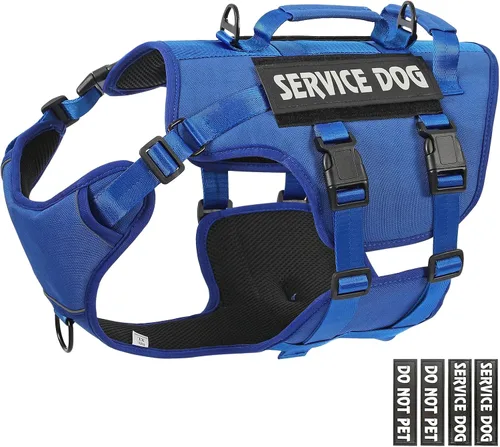 Vista 8 de Arnés de chaleco de servicio para perros grandes, sin tirones con 3 clips para correa, chaleco de trabajo táctico con 4 parches para mascotas
