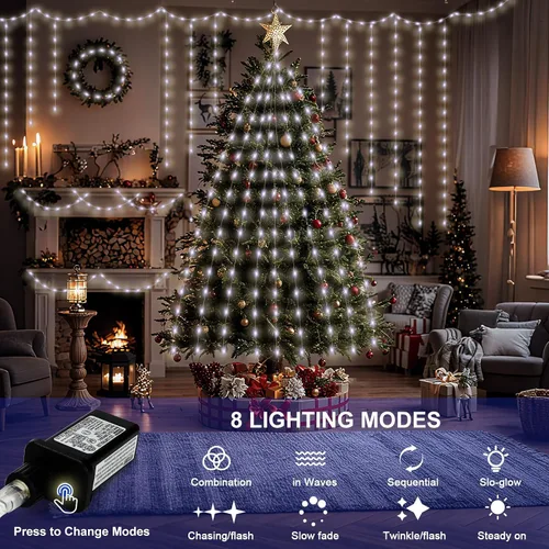 Vista 4 de Luces de Navidad de 262 pies, 800 luces LED para exteriores, alambre transparente para árbol de Navidad con 8 modos impermeables, tira de luces