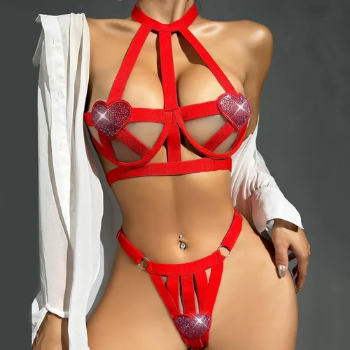 Vista 5 de Conjunto de lencería con corsé para mujer, camisón de malla con cuello halter en V, body de encaje, babydoll