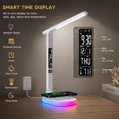 Vista 2 de Lámpara de escritorio LED con carga inalámbrica QI de 10 W, lámpara de mesa Flexo con 3 colores y 5 niveles de brillo con función de carga, USB