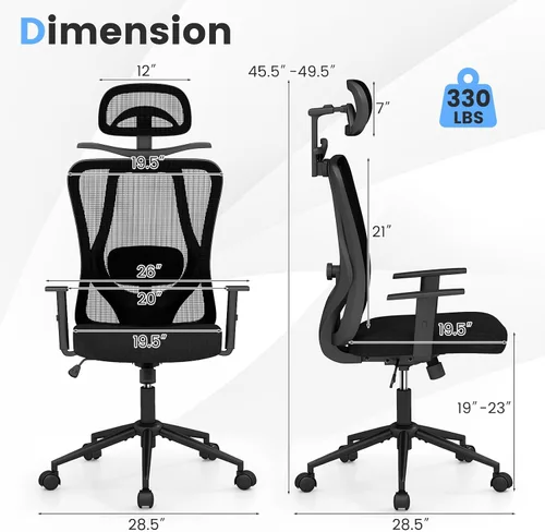 Vista 3 de COSTWAY Silla de oficina de malla, sillas ergonómicas de escritorio para computadora con reposacabezas 3D, reposabrazos ajustables y soporte lumbar