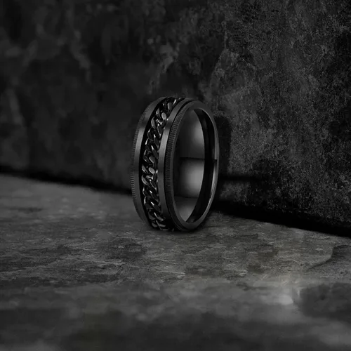 Vista 8 de LAOYOU Anillo giratorio para hombre para alivio de la ansiedad 0.315 in de acero inoxidable negro anillo de ansiedad con incrustaciones de cadena