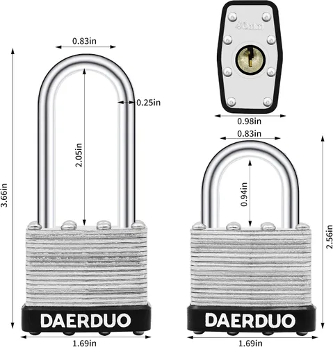 Vista 2 de Paquete de 2 candados laminados de 1.575 in (1-9/16") con 4 llaves, grillete corto de acero endurecido, cerraduras resistentes para armarios