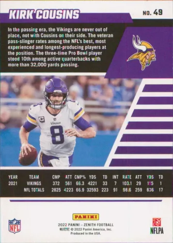 Vista 2 de 2022 Panini Zenith Retail #49 Kirk Cousins Minnesota Vikings Football Card - GotBaseballCards