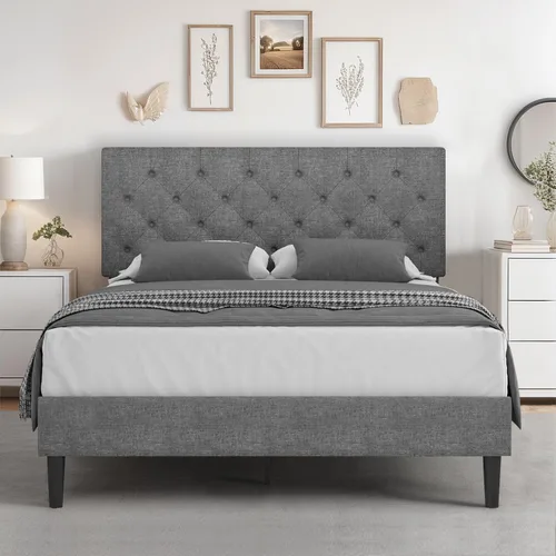 Vista 26 de HOMBCK Base de cama de tamaño individual con cabecera, base de cama tapizada con plataforma de lino para niños, base de cama de tamaño individual