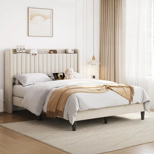Vista 12 de Yaheetech Base de cama tamaño Queen con estación de carga USB y estante de almacenamiento/plataforma de cabecera tapizada con lado de ala/soporte