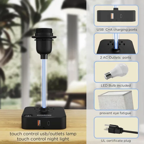 Vista 5 de COZOO - Lámpara de mesa y mesita de noche con control táctil de intensidad regulable de 3 vías, 3 puertos de carga USB y 2 tomas de corriente, base