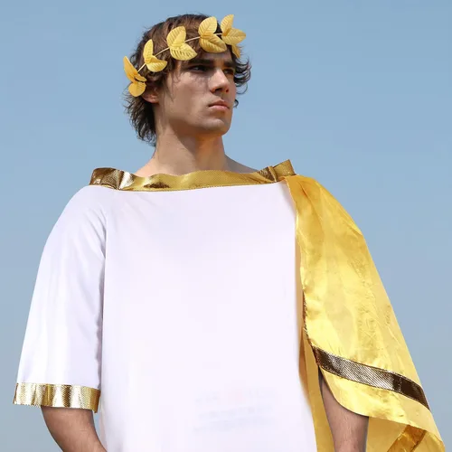 Vista 7 de SATINIOR Disfraz de Dios griego Toga romano blanco disfraz de Toga para adultos túnica con corona de hojas tocado de corona de laurel dorado