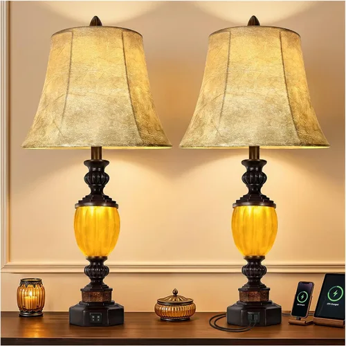 Vista 7 de Juego de 2 lámparas de mesa rústicas de 27" con luz nocturna para dormitorio, sala de estar, carga USB, lámpara de mesita de noche de granja