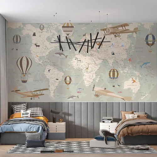 Vista 7 de Papel tapiz infantil con diseño de mapa del mundo con animales - Mural
