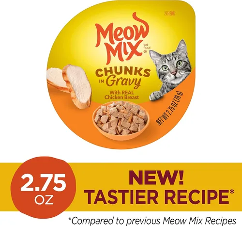 Vista 4 de Meow Mix Trozos en salsa, comida húmeda para gatos con pechuga de pollo real, 12 tazas