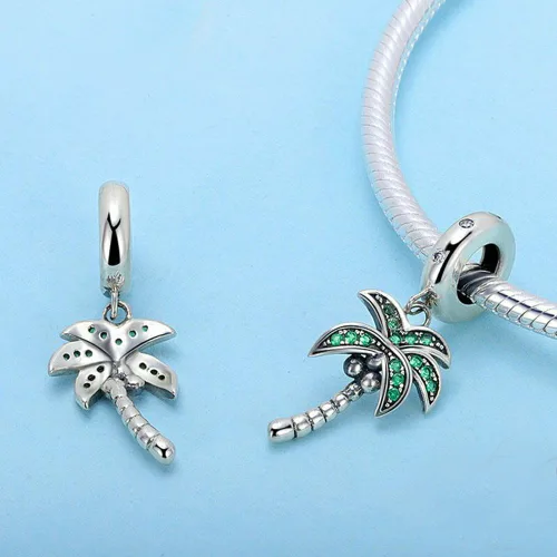 Vista 2 de Abalorio colgante de palmera de plata de ley 925 para vacaciones de verano para pulsera y collar, Plata esterlina, plateado