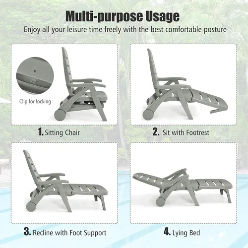 Vista 7 de Giantex Tumbona reclinable con ruedas para patio, tumbona plegable con reposabrazos, 5 posiciones ajustables para piscina, patio, jardín, tumbona