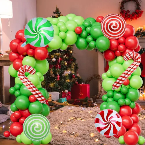 Vista 6 de Kit de arco de globos de Navidad, 129 globos de Navidad con globos de látex de 18 pulgadas, 12 pulgadas, 5 pulgadas, verde, rojo, lima, verde