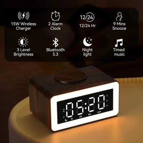 Vista 2 de Reloj despertador de madera con altavoz Bluetooth con carga inalámbrica, atenuador de brillo ajustable 0-100%, 2 alarmas, repetición de 9 minutos