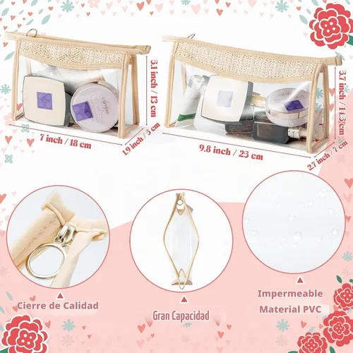 Vista 2 de Bolsa de cosméticos con parches bohemios, bolsa de maquillaje para verano, playa, piscina, neceser de maquillaje, beige, transparente, impermeable