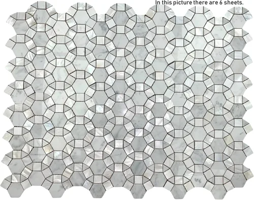 Vista 6 de Carrara Waterjet mármol con mezcla de círculos de palas de nácar azulejos en hoja de mosaico (1 hoja)