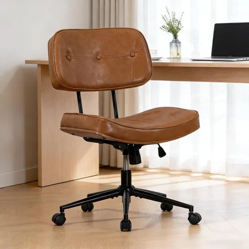 Vista 10 de Silla de oficina moderna sin brazos de nogal con ruedas, silla ejecutiva de cuero PU ajustable de giro amplio, silla de computadora ergonómica