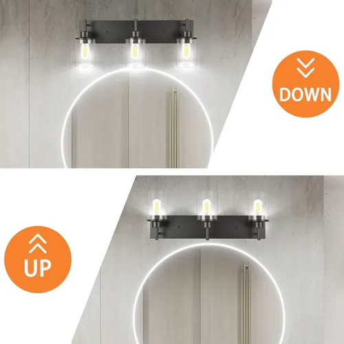 Vista 4 de Lámparas de tocador, lámparas de baño negro mate sobre el espejo, lámpara moderna de apliques de pared con pantalla de vidrio transparente (3 luces)