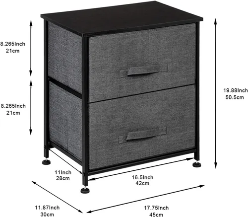 Vista 3 de Mueble de mesa de noche con 2 cajones, torre de almacenamiento de mesa auxiliar, marco de acero resistente, parte superior de madera, cubos de tela