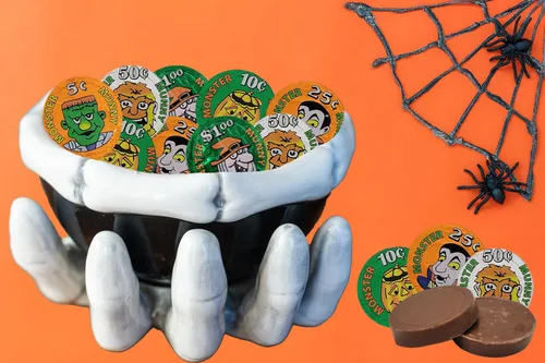 Vista 3 de Fruidles Monedas de dinero de monstruo de Halloween, rellenos de bolsas de fiesta de dulce o truco, envueltas individualmente en papel de aluminio