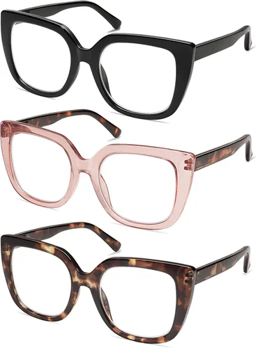 Vista 4 de Paquete de 3 lentes de lectura cuadrados retro de gran tamaño para mujer, grandes y elegantes con bloqueo de luz azul AM6072