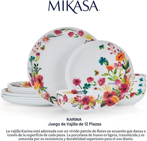 Vista 6 de Mikasa Karina Bone China - Juego de vajilla ligera de 12 piezas, resistente a las astillas, servicio para 4 personas