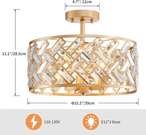 Vista 3 de AGV LIGHTING Lámpara de Techo Semiempotrada Dorada, Lámpara de Araña de Cristal para Techo para Dormitorio, Cocina, Pasillo