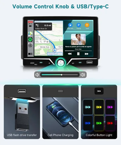 Vista 3 de Radio DIN individual con CarPlay con cable y Android Auto, pantalla táctil HD de 7 pulgadas, estéreo de coche de un solo DIN con enlace de espejo
