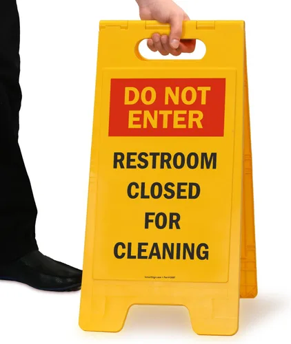 Vista 6 de SmartSign Letrero plegable de dos caras con texto en inglés "Do Not Enter - Restroom Closed For Cleaning", de 25 x 12 pulgadas, plástico, rojo