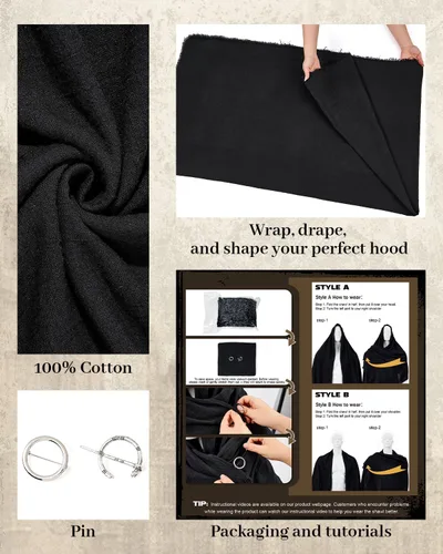 Vista 5 de Century Star Capa con capucha para hombre, disfraz renacentista, medieval, postapocalíptico, bufanda, capa de pícaro Negro