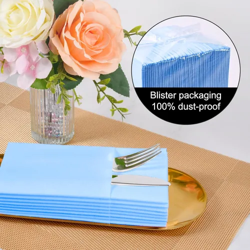 Vista 7 de Servilletas desechables de color azul menta, paquete de 50 servilletas de papel de tacto de lino con bolsillo integrado para cubiertos, tela