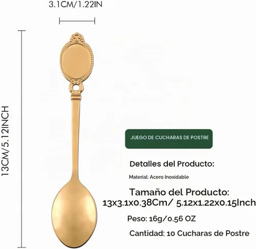 Vista 3 de Juego de cucharas de postre, 10 piezas de vajilla creativa de acero inoxidable, cuchara de café, mini cucharaditas de oro, juego de cucharas de 2